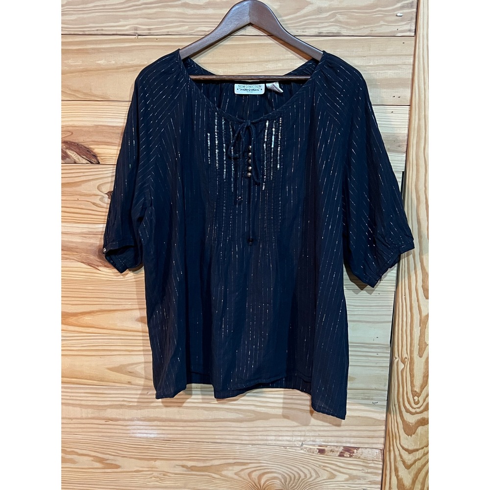 New Directions Womens 2X Black Pleated Sequin Metallic Stripe Balloon Sleeve